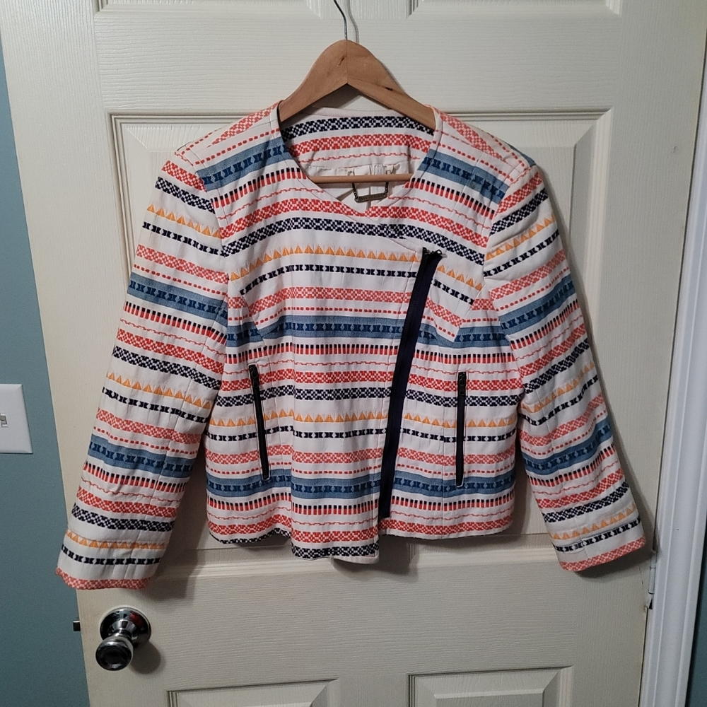 Trina Turk Quilted White/Orange/Blue Tribal Print Jacket Women's 8